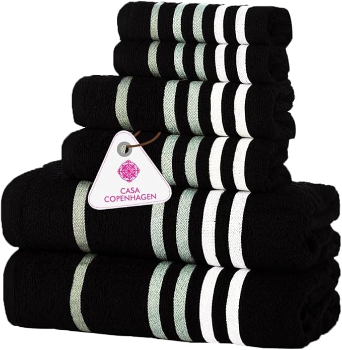 CASA COPENHAGEN Exotic 6Pcs 100% Egyptian Cotton Designer Towels Gift Set- Black,550GSM,2Bath2Hand2Washcloths,Bath Towels for Bathroom (Box Pack,Gift Ribbon Set for Women & Men)