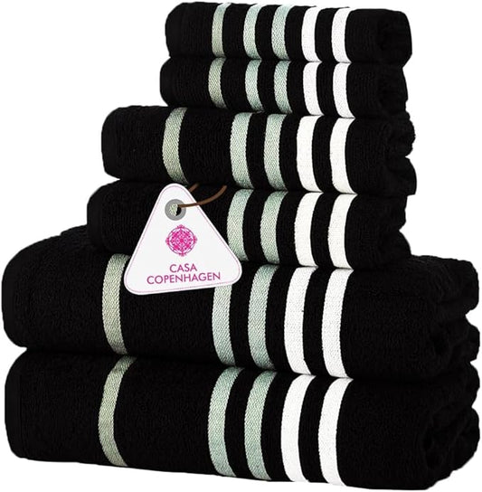 CASA COPENHAGEN Exotic 6Pcs 100% Egyptian Cotton Designer Towels Gift Set- Black,550GSM,2Bath2Hand2Washcloths,Bath Towels for Bathroom (Box Pack,Gift Ribbon Set for Women & Men)
