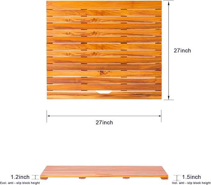 NNN 27" x 27" Teak Shower Mat – Handcrafted, Marine-Grade Reinforced, Supports Up to 400 lbs, Indonesian Teak.