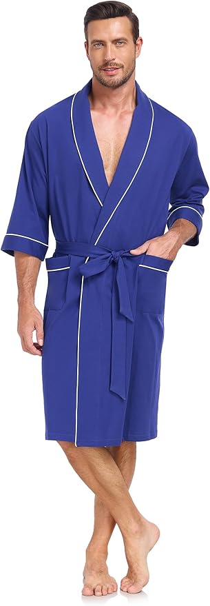 COLORFULLEAF 100% Cotton Men’s Summer Bathrobe Lightweight & Breathable Short Sleeve Kimono Robe with Pockets