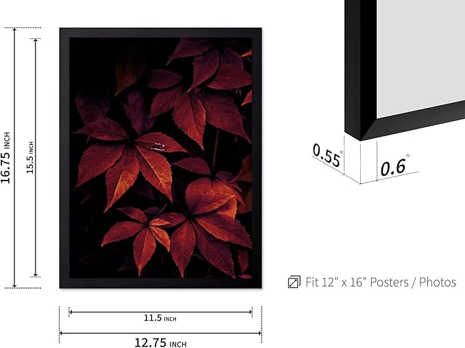 Monem Art Red Autumn Leaves Macro Photography Print - Moody Botanical Nature Poster - Wall Decor for Living Room, Bedroom or Office - 12x16 Black Framed Wall Art by Mareike Bohmer