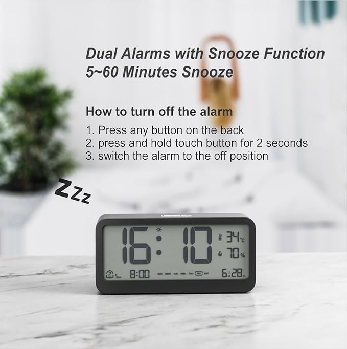 Digital Alarm Clock Battery Powered with Date | Indoor Temperature | Humidity | LCD Display | Dual Alarms | Snooze and Backlight Desk Small Clock (Black)
