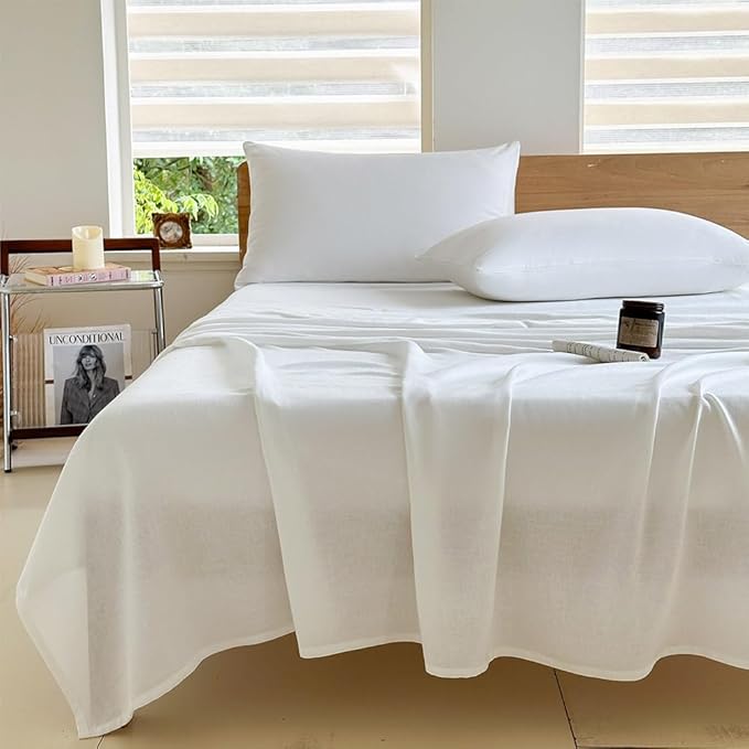 NSNLGSGC 100% French Linen Sheets Full Size, 4 Piece Pure Linen Bed Sheet Set, Breathable, Cooling & Durable, Soft Washed Natural Flax Bedding with 16 Inch Deep Pocket, All Season Use(Full, White)