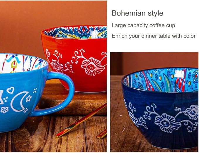 Red Ceramic Mug, Bohemian Hand-Painted, 15 Oz Large Coffee Cup for Milk, Tea, Breakfast, Dishwasher & Microwave Safe Cup