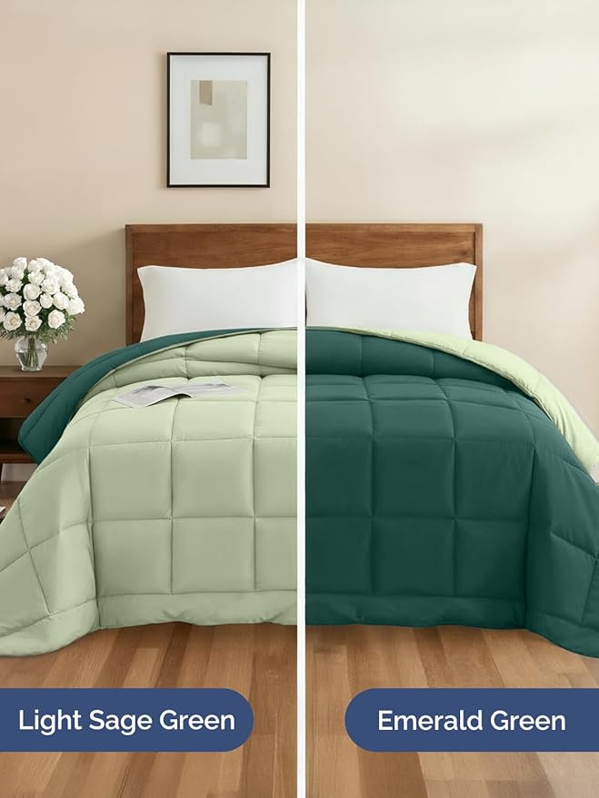 King Size, Emerald/Light Sage Green Alternative Down Comforter - Warm & Breathable Hotel Quality Bedding for Men, Women, Kids & Teens - All Season Oversized Cooling Microfiber Duvet Insert Comforter