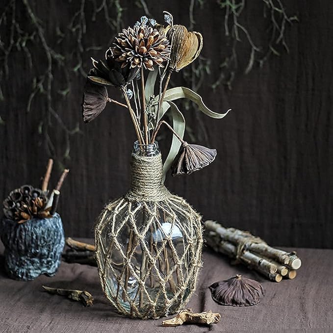 MDLUU Glass Jug with Twine 10" Tall, Flower Vase with Rope Net, Decorative Bottle Vase for Dining Room, Bedroom, Bathroom, Mantel