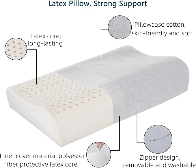 Cervical Neck Pillow for Pain Relief - Ergonomic Nature Latex Foam Contour Pillows for Side, Back Sleepers, Medium Firm Pillow for Neck Support with Breathable Cover(3.9"/4.7")