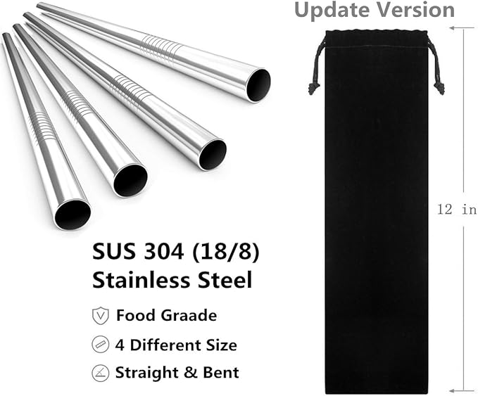 Reusable Stainless Steel Drinking Straws, 20 Pcs 4 Size - 6.3'' 7.1'' 8.5'' 10.5'', BPA Free Long Short Smoothie Drinking Curved Bent Straws With 2 Brushes and Carry bag, Fit for 10/20/30 oz Tumblers