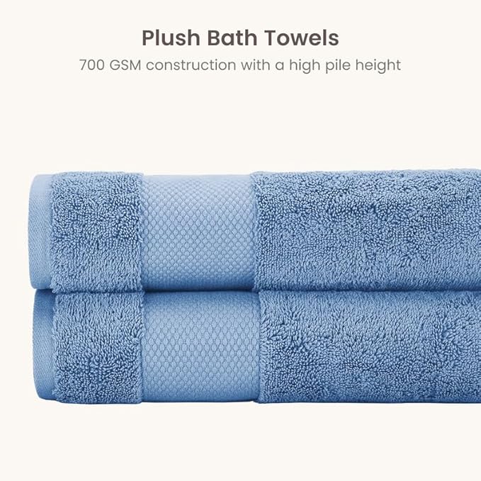 BIOWEAVES 100% Organic Cotton 700 GSM Plush Bath Towels 30" x 58" GOTS Certified - Cerulean Blue, Pack of 2