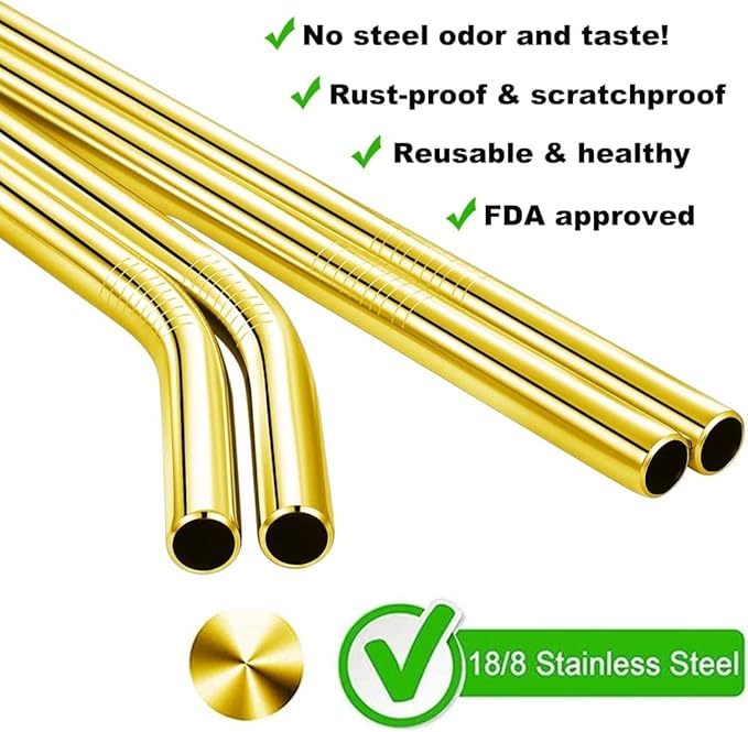 Vinaco 8.5" &10.5" Big Smoothie & Milkshake Straws, 6PCS Food-grade Stainless Steel 0.5" Wide Mouth for Bubble Tea, Smoothie, Milkshakes, Thick Drinks, Gold Metal Straws Reusable