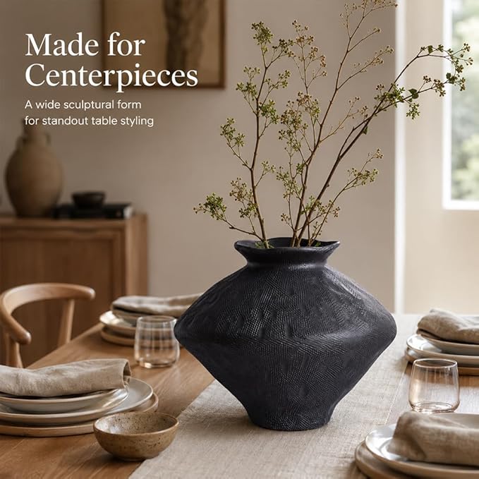 Large Wabi Sabi Black Vintage Ceramic Vase, 11" Rustic Pottery Vase for Centerpieces, Wabi Sabi Decor Flower Vases for Table, Living Room, Bedroom, Bathroom, Kitchen, Farmhouse Home Decor Gifts
