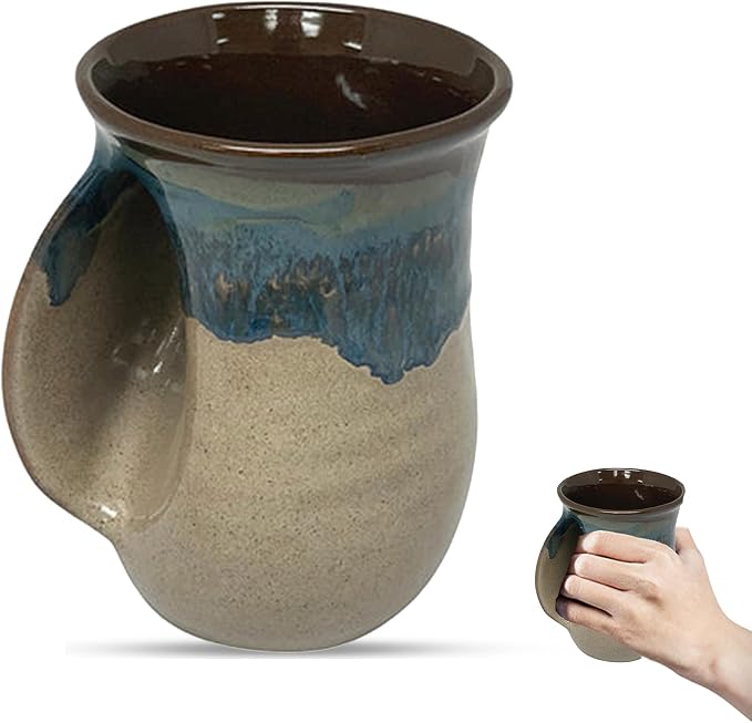 Clay in Motion Hand Warmer Coffee Mug – Handmade Coffee Mug With Comfortable Handle Contoured Pocket Hand Warming Ceramic Coffee Mug – Proudly Made in USA – Left Handed – 14 Oz - Mudslide