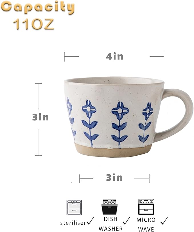 Ceramic Mugs for Men & Women, Unique Microwave & Dishwasher Safe Tea/Coffee Rustic Stoneware Cups for Office & Home (Blue Floral Mug)