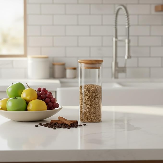 Borosilicate Glass Storage Jar with Bamboo Lid, Airtight Dry Food Canister for Kitchen Pantry & Countertop Organization