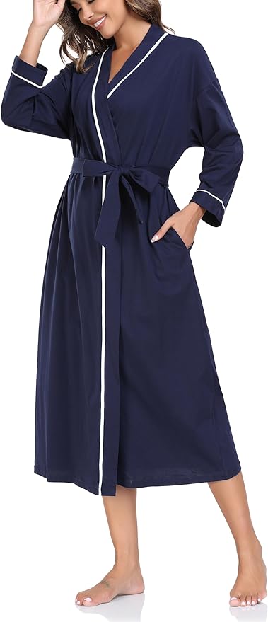 COLORFULLEAF 100% Cotton Women's Robes Summer Lightweight Kimono Soft Long Cotton Bathrobe for Women with Pockets
