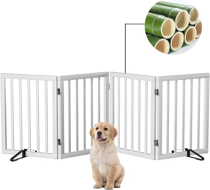 Semiocthome Bamboo Dog Gate with 2 Stands, Freestanding Puppy Gate for Doorways & Stairs - 24" Height, 4 Panels, Adjustable White Safety Fence