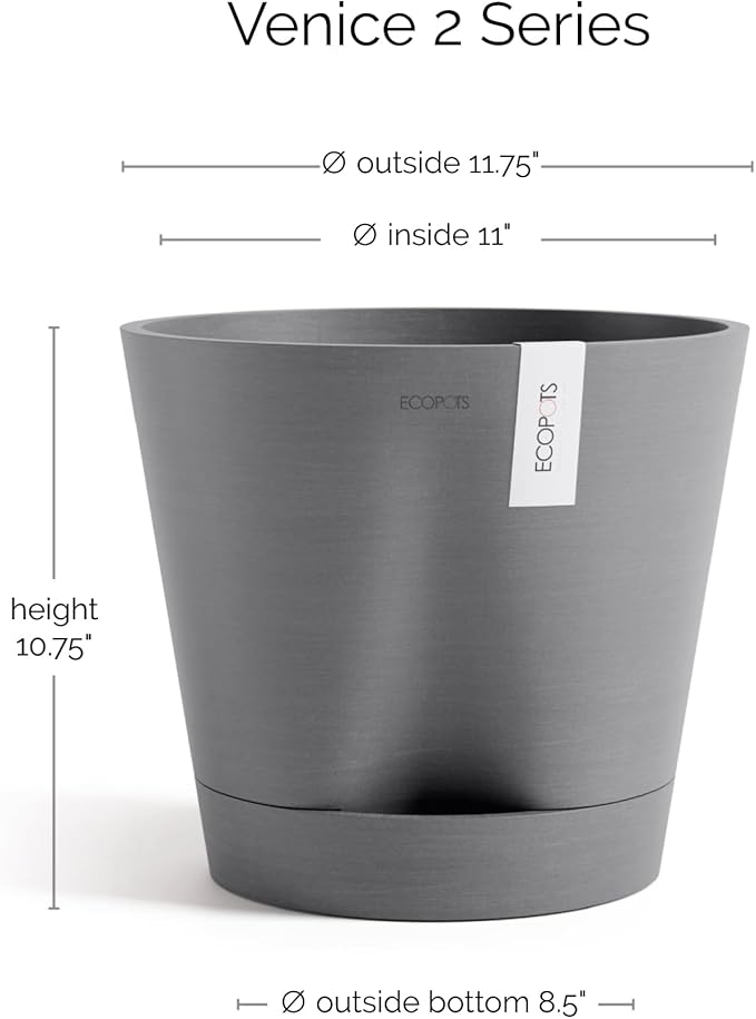 Ecopots Venice 2 Durable Modern Round Indoor/Outdoor Recycled-Based Composite Flower Pot Planter w/Water Reservoir, Grey, 12"