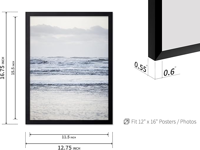 Monem Art Pastel Ocean Waves Seascape Photography Print - Minimalist Coastal Landscape Art Poster - Wall Decor for Living Room, Bedroom or Office - 12x16 Black Framed Wall Art by Mareike Bohmer