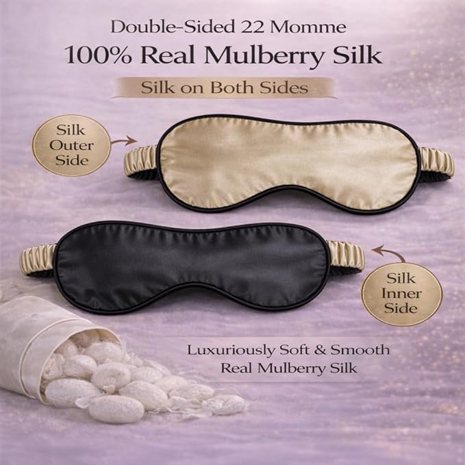 100% Mulberry Silk Sleep Mask for Women/Men Airplane Travel, Pure 22 Momme Silk Eye Mask Blackout for Sleeping, Ajustable, Luxury, Anti Wrinkle, Anti Aging Silk Blindfold, Made in USA (Taupe)