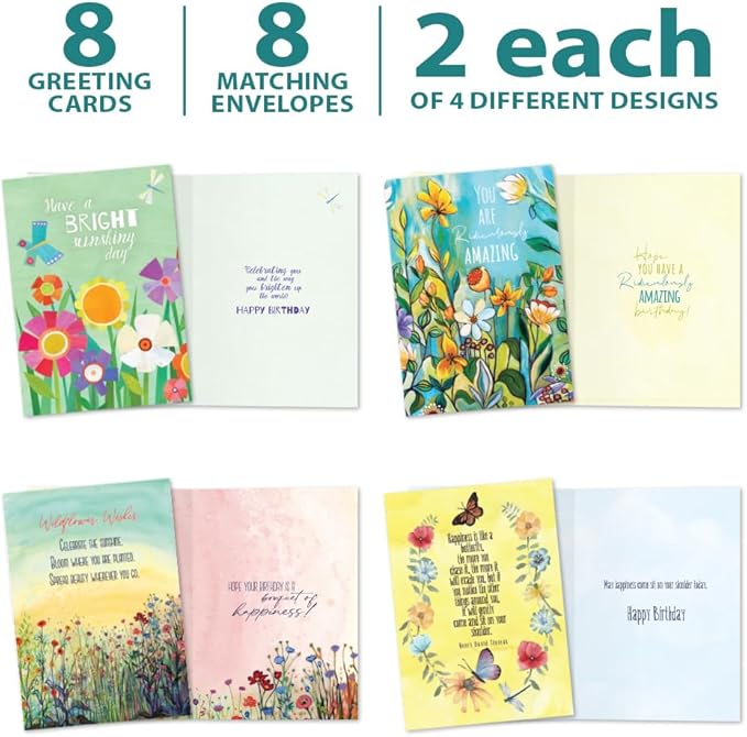 Tree-Free Greetings - Birthday Cards - Artful Designs - 8 Assorted Cards + Matching Envelopes - Made in USA - 100% Recycled Paper - 5 x 7 - Summer Days (GA60284)