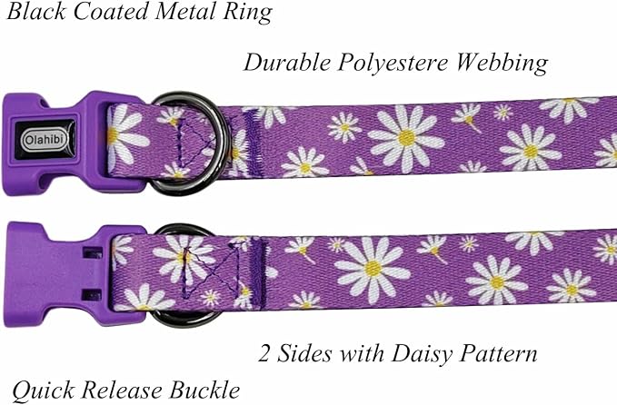 Dog Collar Leash Set, Floral Pattern, Polyester Material, Adjustable Collar and 5ft Matching Leash, for Small Dogs.(S, Purple Daisy)