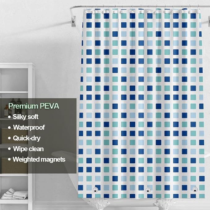 Plastic Shower Liner - Premium PEVA 4G Shower Curtain Liner with Rustproof Grommets and 3 Weighted Magnets, Waterproof Shower Curtains for Bathroom (Blue-Green Square)