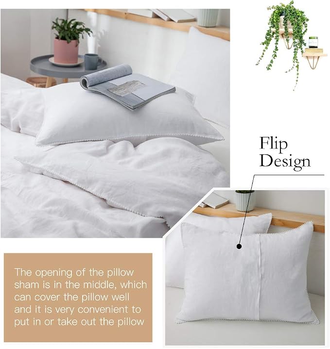 Simple&Opulence 100% Washed Linen Duvet Cover with Pom Pom Trim, Natural French Flax Bedding Set Soft Breathable,1 Farmhouse Boho Comforter Cover and 2 Pillow Shams(Queen,Pure White)