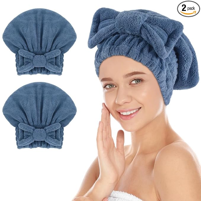 SUNLAND Large Microfiber Hair Drying Caps with Bow knot Fast Drying Shower Cap Soft and Absorbent hairWrap Hair Turban Bath Caps for Curly Thick and wet Hair 11 X 13.4 inch 2 Pack Dark Blue