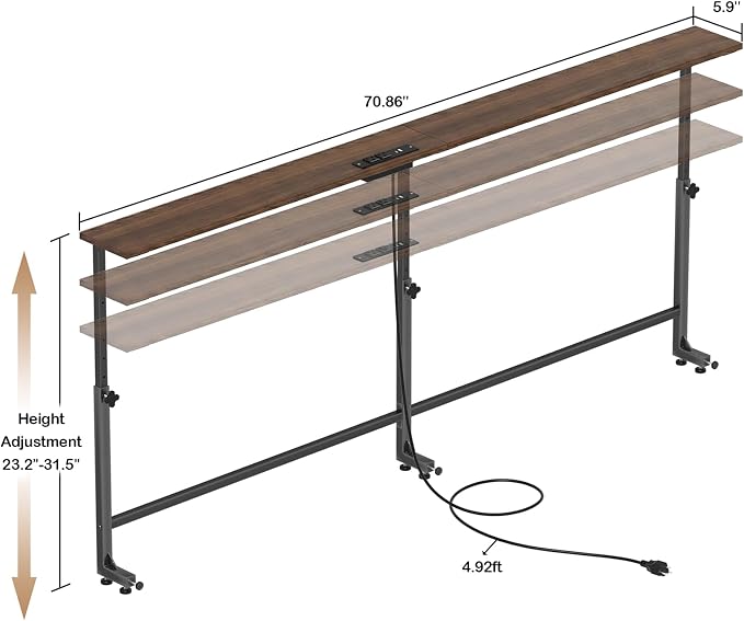 Faesun 70.9 Inch Behind Couch Table, 24"-32" Adjustable Height Range, Behind The Couch Table with Outlet, Adjustable Console Table, Narrow Long Sofa Table, for Living Room, Walnut