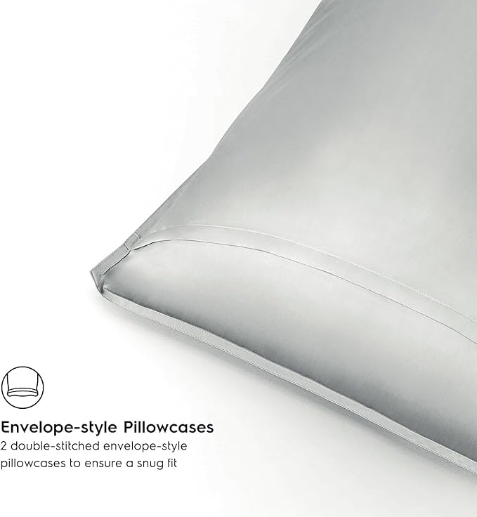 Tafts Pillow Cases Standard Size - Pure 100% Viscose Derived from Bamboo Luxuriously Soft, Silky, Cooling, Double Stitched, Envelope Closure (2 Pillowcases, Light Grey)