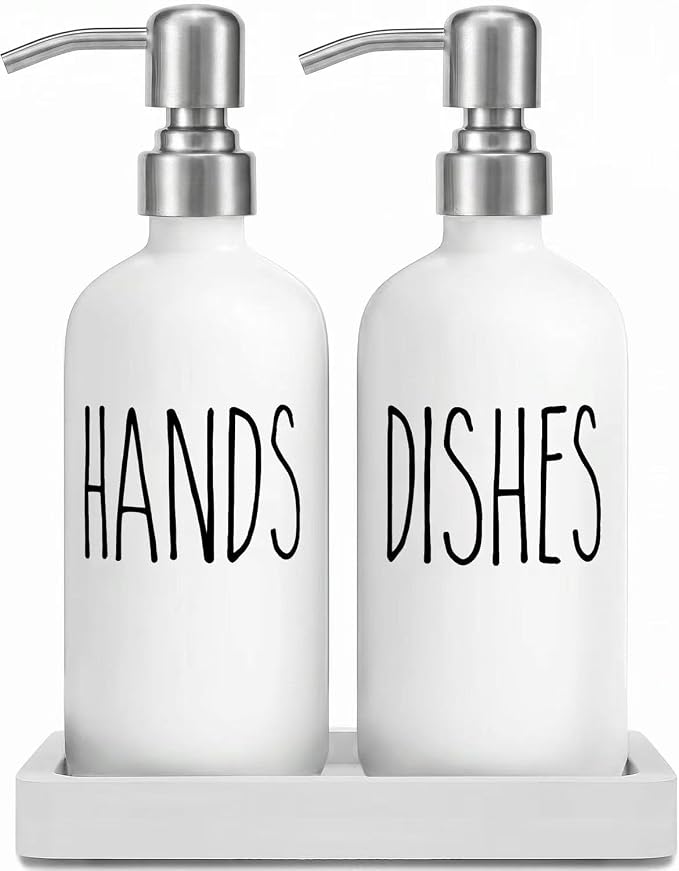 MOMEEMO White Soap Dispenser Kitchen Set, Contains Hand Soap Dispenser and Dish Soap Dispenser with Ceramic Tray, Suitable for Modern Farmhouse Decor. (White)
