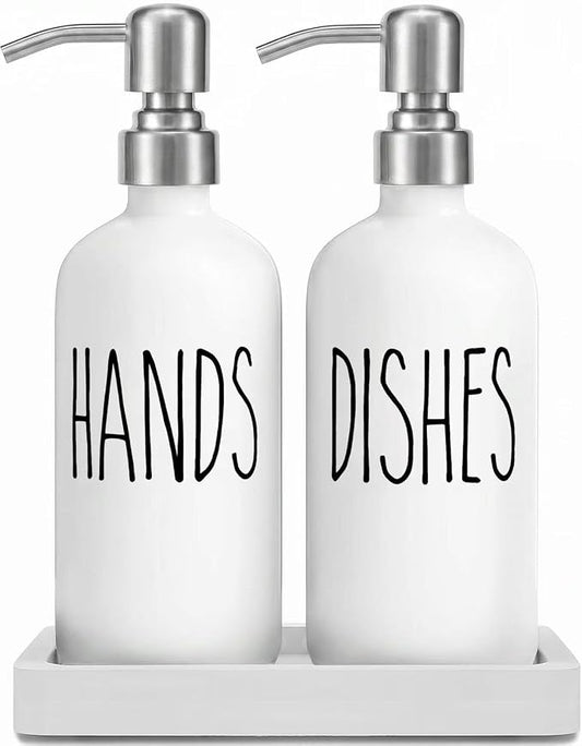 MOMEEMO White Soap Dispenser Kitchen Set, Contains Hand Soap Dispenser and Dish Soap Dispenser with Ceramic Tray, Suitable for Modern Farmhouse Decor. (White)