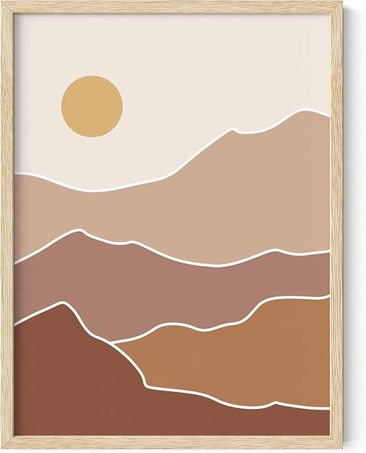 Abstract Mountain Landscape Wall Art Sun Rolling Hills Earth Tones Terracotta Mid Century Modern 12x16 Inch Oak Wood Beige Framed Minimalist Scenery Print for Nursery Decor