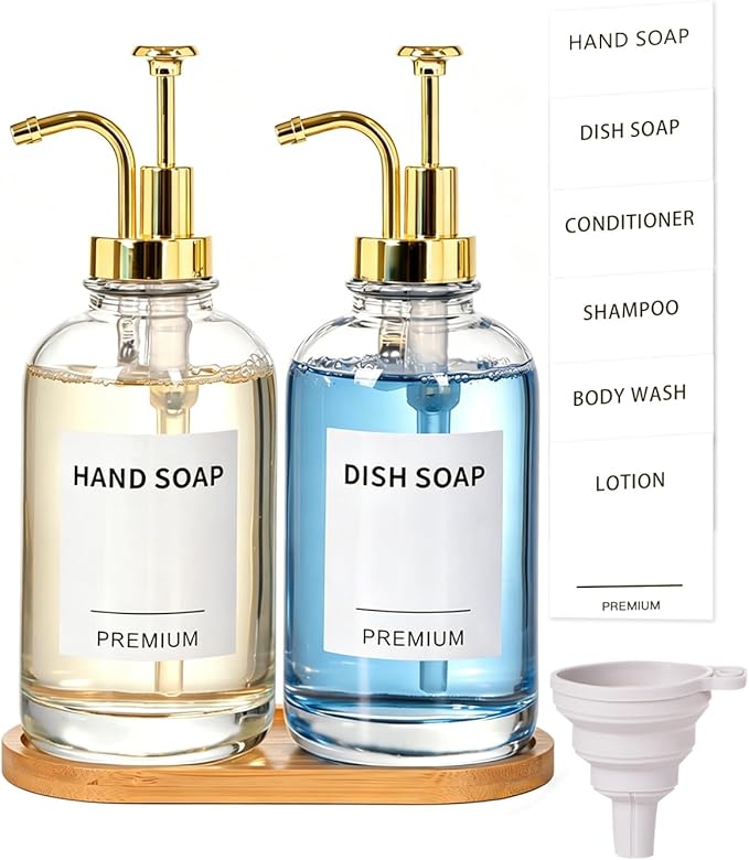 Dish Soap Dispenser for Kitchen, Hand Glass Soap Dispenser Set with Pump, Tray, Funnel for Bathroom, Shower, Laundry, Liquid, Lotion (Gold 2 Pack 18 Oz Clear Bottles with 12 Stickers)