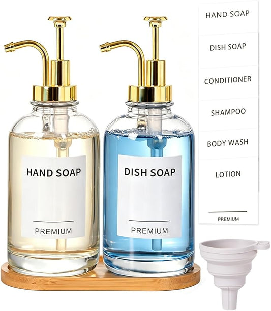 Dish Soap Dispenser for Kitchen, Hand Glass Soap Dispenser Set with Pump, Tray, Funnel for Bathroom, Shower, Laundry, Liquid, Lotion (Gold 2 Pack 18 Oz Clear Bottles with 12 Stickers)