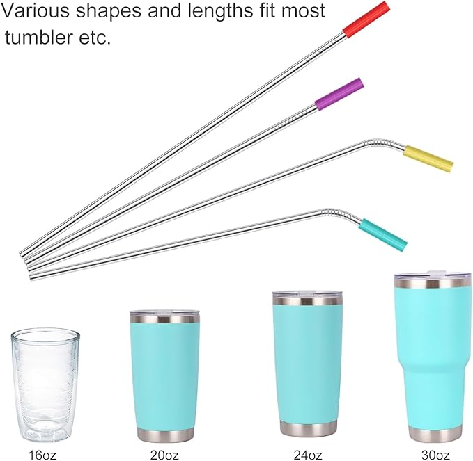 20 Pack Reusable Stainless Steel Metal Straws,10.5" & 8.5" Reusable Drinking Straws with 20 Silicone Tips 5 Straw Brushes 1 Travel Case,Eco Friendly Extra Long Metal Straw Fit for 20 24 30 oz Tumbler