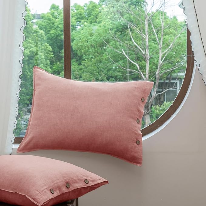 EVERLY 100% Linen Pillowcases Set of 2, French Linen from Normandy, 20X36Inch Standard Size, Natural Color, Coconut Buttons Closure, Flax Pillowshams-Pillowcase-Pink