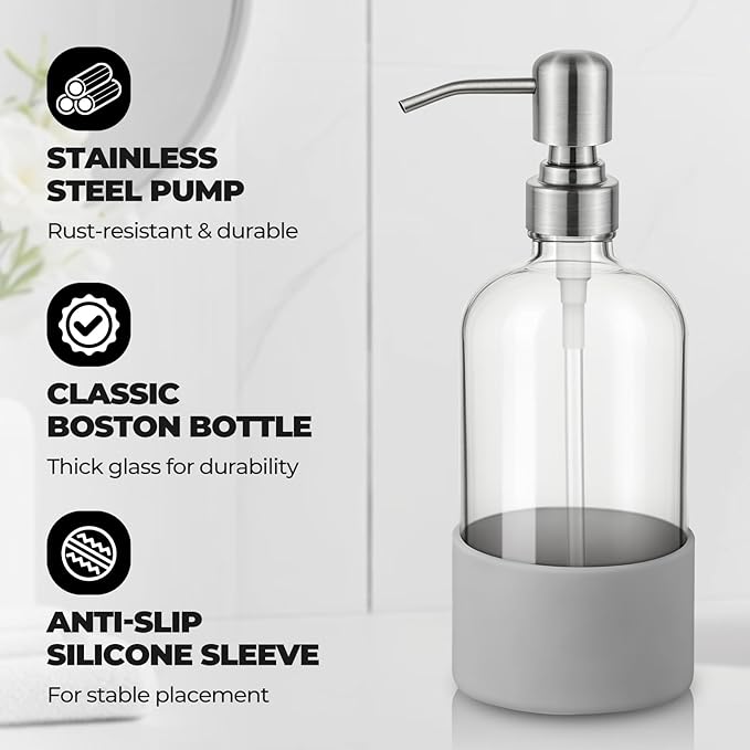 16 oz Hand and Dish Soap Dispenser Set for Kitchen and Bathroom, 500ml Clear Glass Soap Dispenser with Stainless Steel Pump, Non-Slip Silicone Sleeves, Labels - 2 Pack