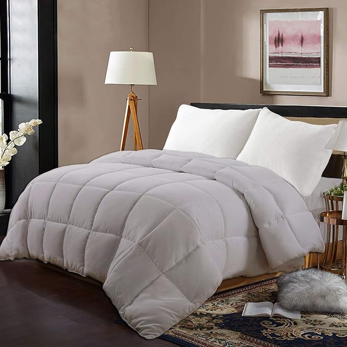 All Season Hypoallergenic Luxurious Down Alternative Cotton Comforter, Ultra-Soft 750 Fill-Power Oversized Queen Size Measures 98" x 98", Silver