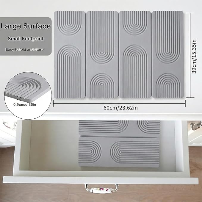 23.6"×15.7" Diatomaceous Earth Stone Dish Drying Mat, Foldable Super Absorbent Quick Dry Non-Slip Eco-Friendly Pad for Kitchen Counter, Dishes, Cups, Bottles & Utensils, Light Gray