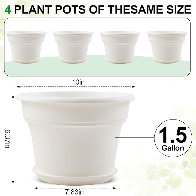 Pottiffe 10 Inch Plastic-Flower-Pot-for-Indoor-Plants, 4 Pack Large Outdoor Planter Pot with Drainage Holes & Saucers, Resin Decorative Garden Pots Planters