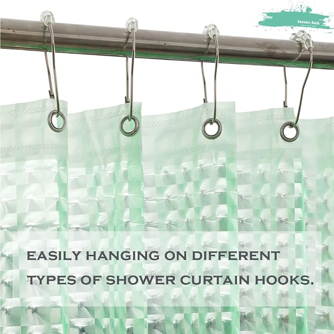 Green 3D Crystal Plastic Shower Curtain Liner, 72x72 Inch Thin Lightweight Ice Cube Plastic Bathroom Shower Showroom Inner Curtain with Rustproof Metal Grommet Holes and Weighted Magnets