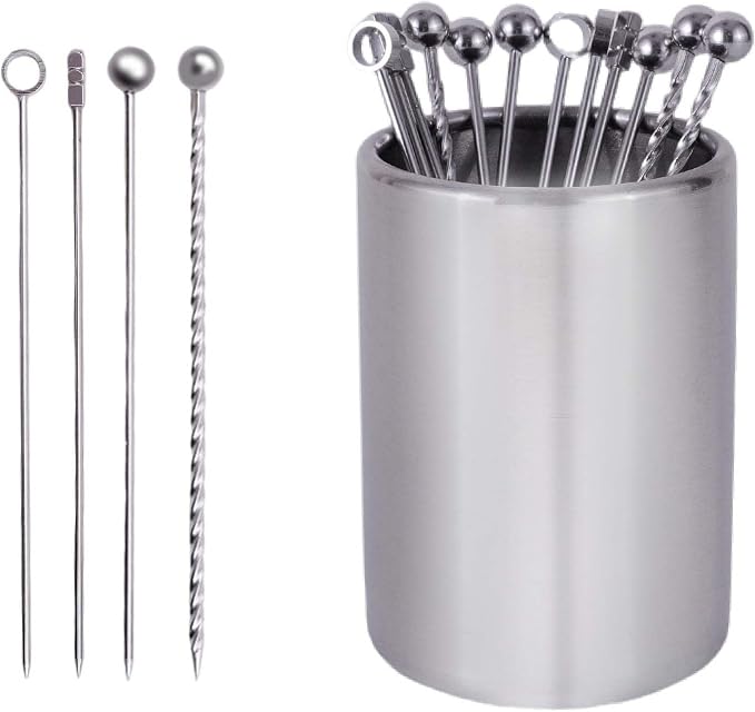 Lexenic 12Pack Metal Cocktail Picks + Holder Kit, Premium 304 Stainless Steel Cocktail Toothpicks,Reusable Skewers,Garnish Picks, Martini Picks for Olives Appetizers Fruit (4 Styles Silvery)