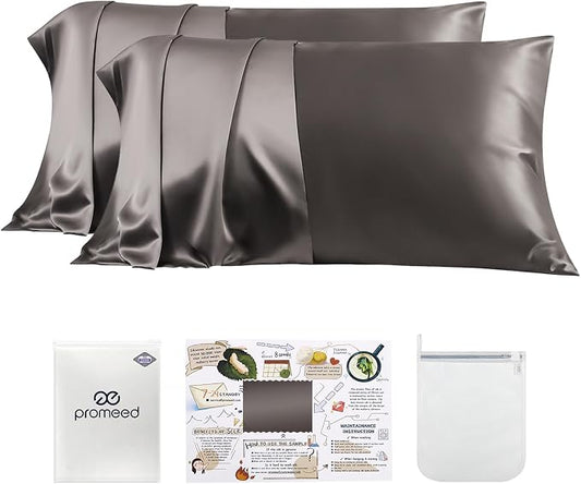 PROMEED 23 Momme Grade 6A+ Mulberry Silk Pillowcase 2 Pack, 100% Natural Silk Pillow Cases Set of 2, Premium Silk Pillow Case Cover for Hair and Skin (Queen 20"x30", Grey)