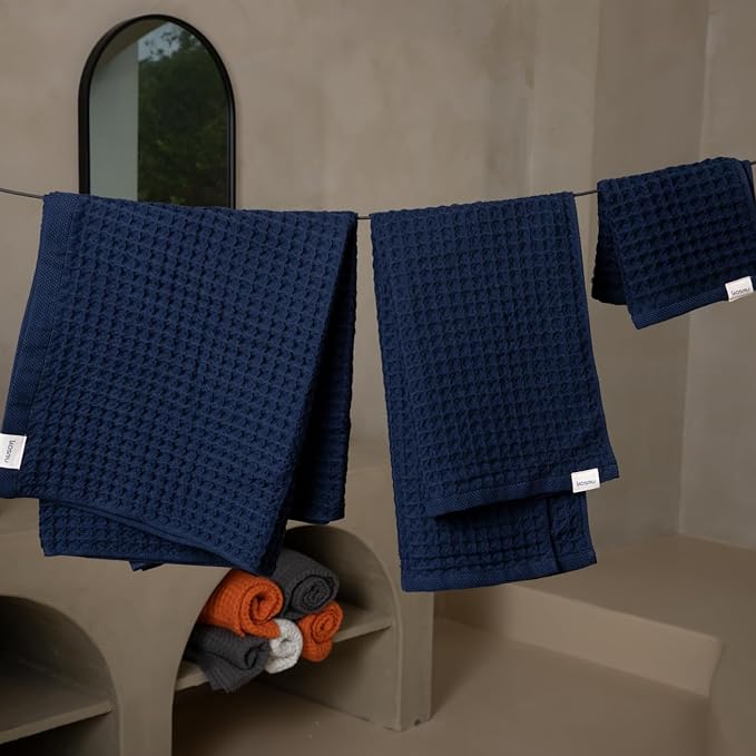 Luxury Organic Japanese Cotton Waffle Bath Towel | Thick, Absorbent, Quick Dry Bathroom Towels for Shower, Sauna, Onsen| Hotel & Spa Quality, Gift-Ready (Ocean Blue, Bath Sheet (2 Pack))