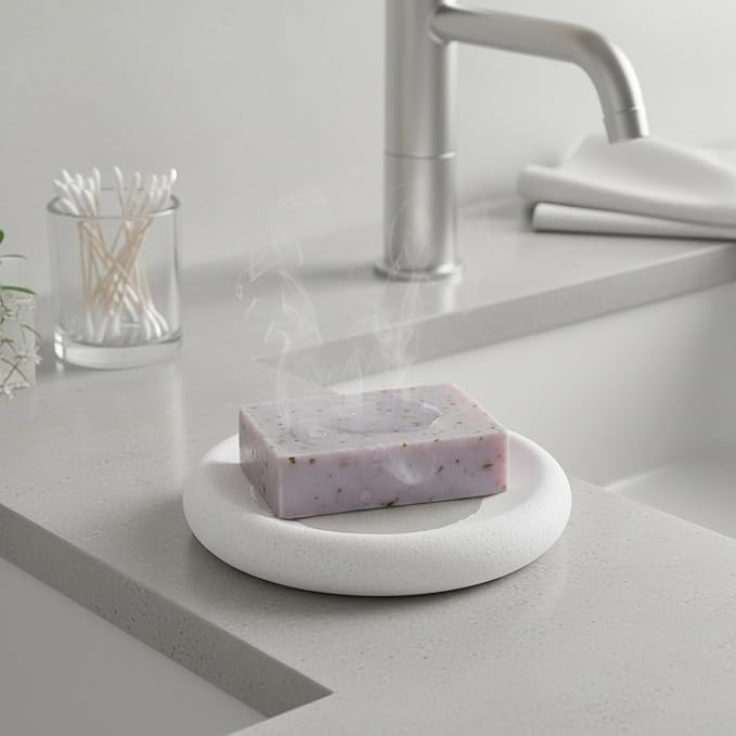 Round Diatomite Soap Dish for Bathroom Sink, Quick-Drying Stone Bar Soap Holder Tray, 3.9 Inch Diameter