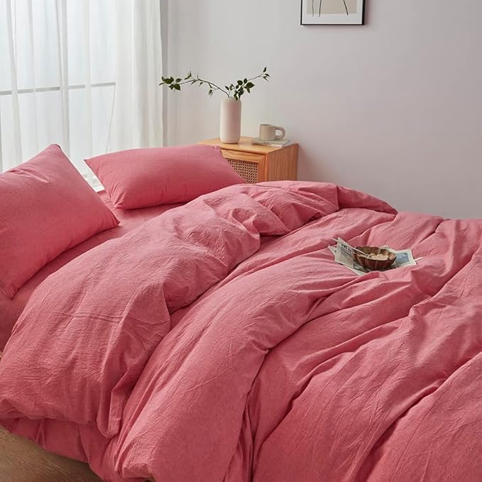 FACE TWO FACE Bedding Duvet Cover Set100% Washed Cotton Duvet Cover Linen Like Textured Breathable Durable Soft Comfy (King, Red)