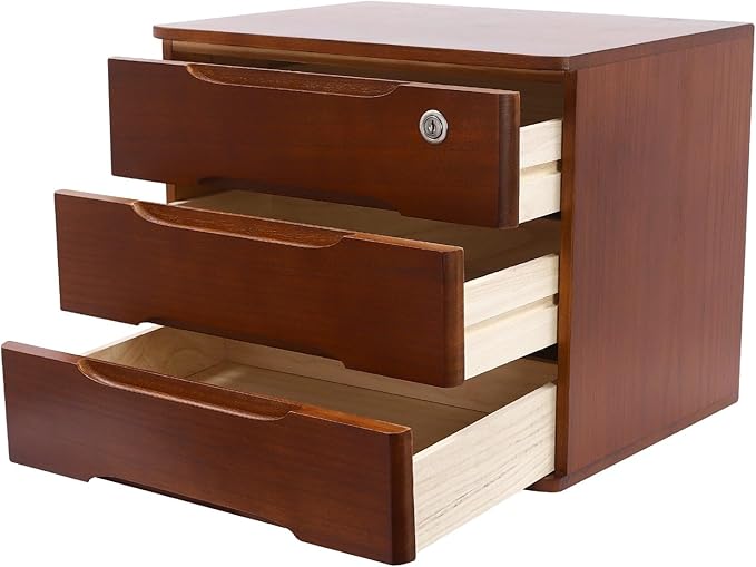 3 Tier Desktop Organizer Storage Box, Solid Wood Storage Box with Lock, Desk Drawers Organizer and Accessories, for Home, Office, Stationery, Crafts, Junk & Supplies, Walnut