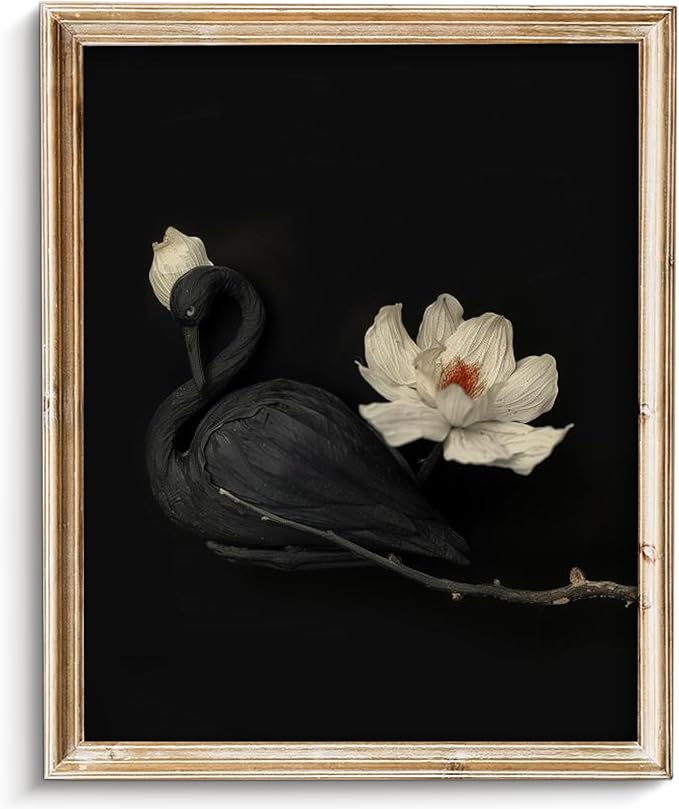 Vintage Black Swan Wall Art, Elegant Farmhouse Moody Dark Flower Academia Swan Print, Classic Neutral Animal Artwork Canvas Wall Decor for Bedroom, Living Room, Bathroom, Lake House - 8x10Inch Unframe