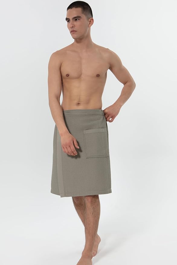 SEYANTE Men's Organic Waffle Spa Wrap – GOTS Certified 100% Turkish Cotton, Adjustable Closure, Same-Color Piping